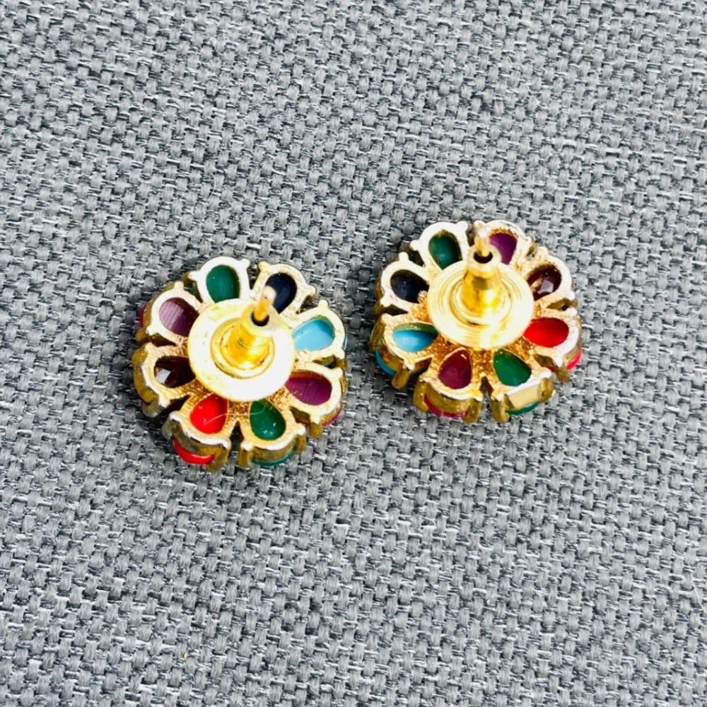 Vintage Multicolor Flower Stud Earrings Gold Tone Faux Pearl Jewel Tone‎ Floral